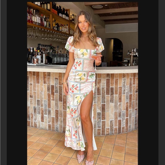 Beginning Boutique Dresses & Skirts - White Floral & Fruit Print Maxi Dress with Side Slit